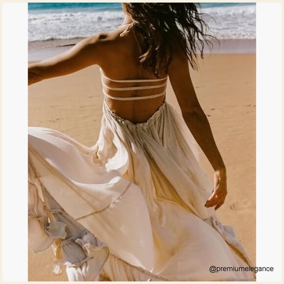 Summer Boho Backless Maxi Dress Halter Tie Waist Ruffle Hem Rayon Cotton - Picture 5 of 7